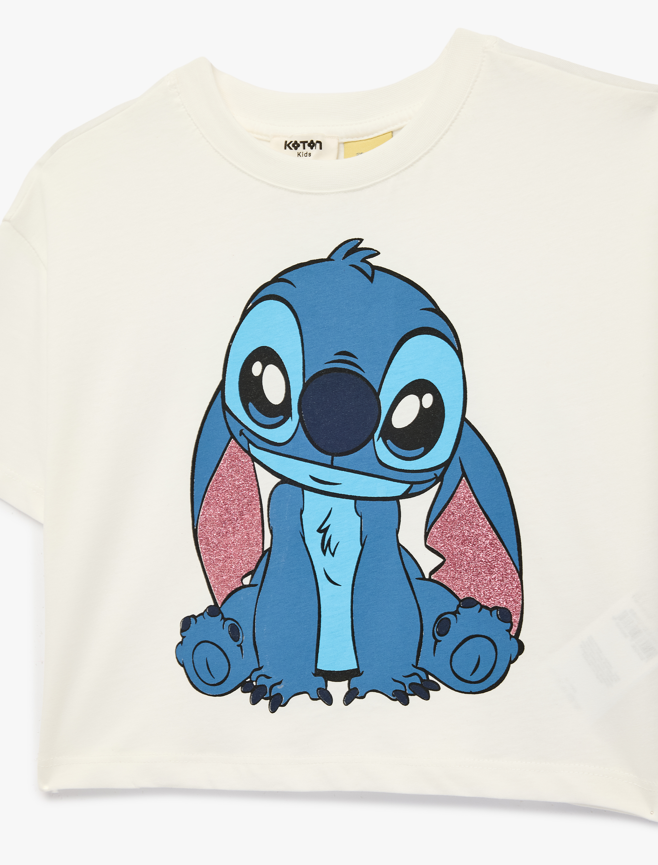  Kız Çocuk Lisanslı Stitch Baskılı Simli Bisiklet Yaka Kısa Kollu Pamuklu Tişört