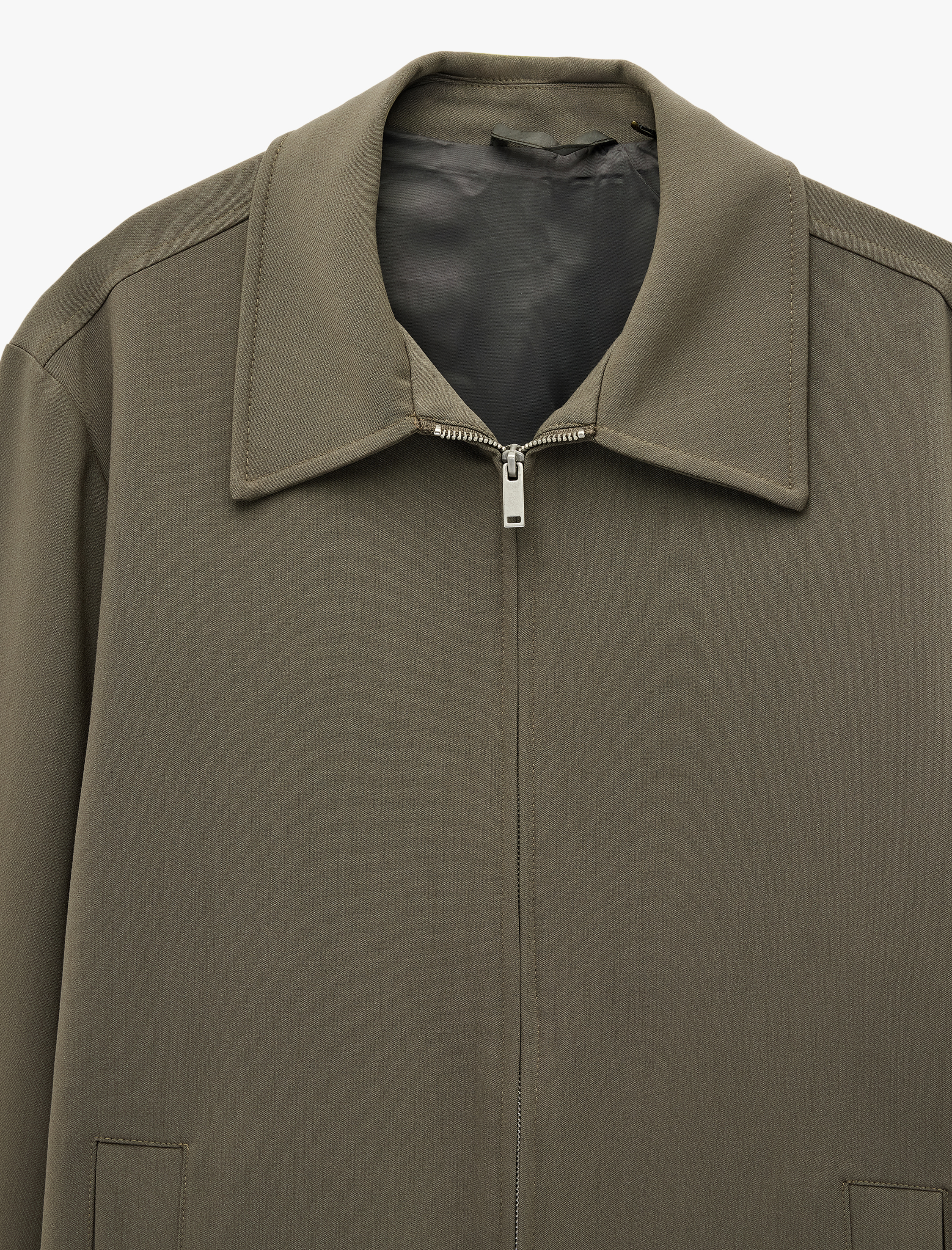   Viskon Karışımlı Cepli Uzun Kollu Gömlek Yaka Fermuarlı Kaşe Ceket