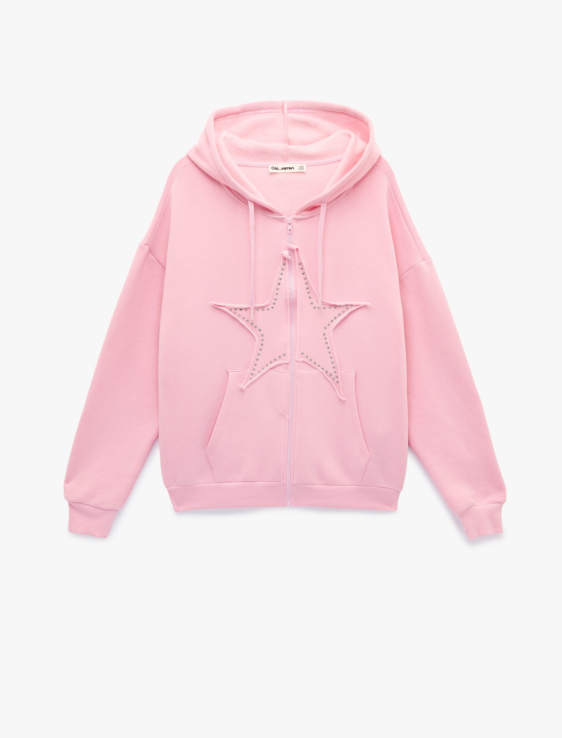   Kapüşonlu Fermuarlı Yıldız İşleme Detaylı Oversize Taşlı Sweatshirt