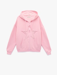 Kapüşonlu Fermuarlı Yıldız İşleme Detaylı Oversize Taşlı Sweatshirt