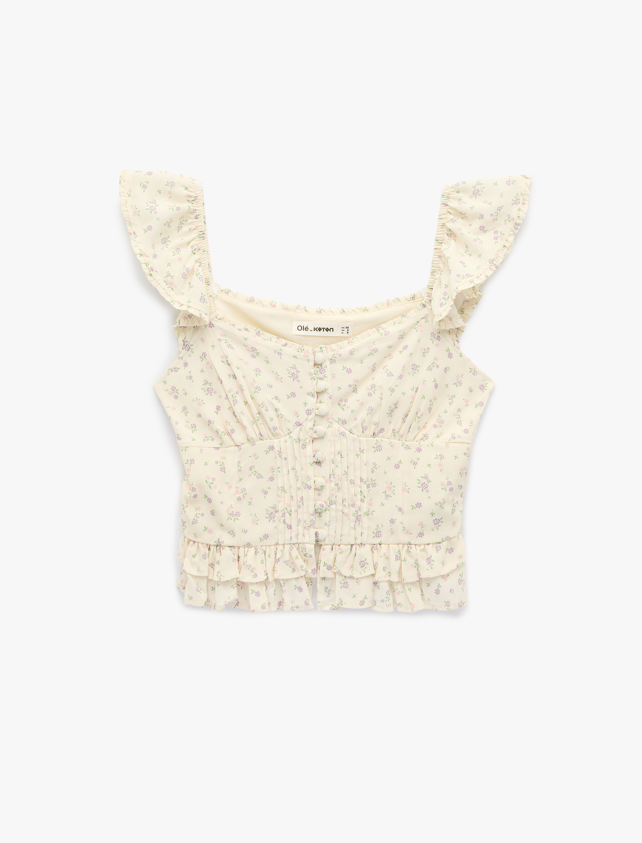   Slim Fit Kolsuz Düğmeli Fırfırlı Kalp Yaka Viskon Çiçekli Bluz