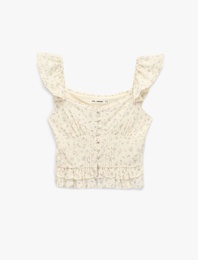 Slim Fit Kolsuz Düğmeli Fırfırlı Kalp Yaka Viskon Çiçekli Bluz