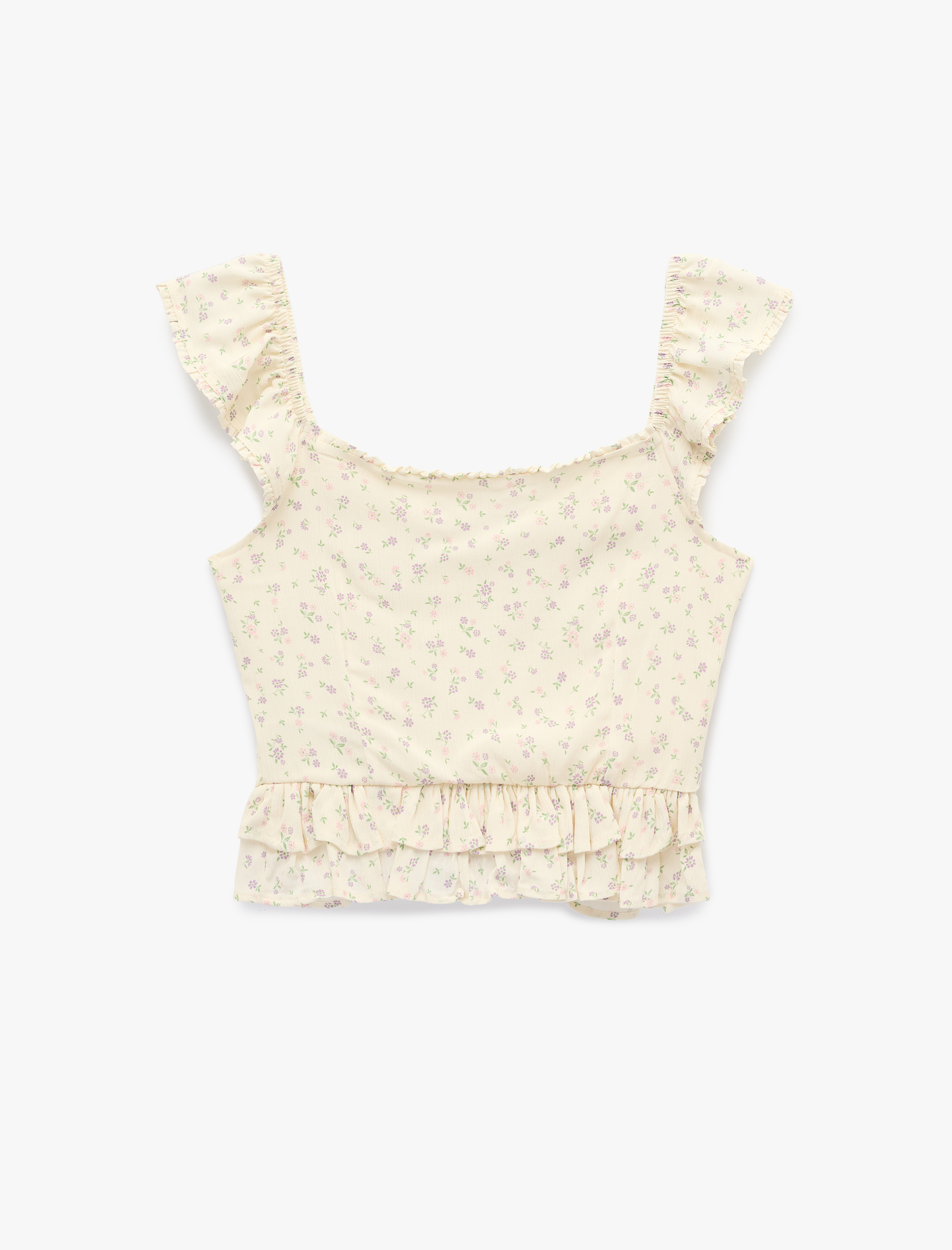   Slim Fit Kolsuz Düğmeli Fırfırlı Kalp Yaka Viskon Çiçekli Bluz