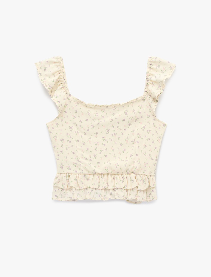  Slim Fit Kolsuz Düğmeli Fırfırlı Kalp Yaka Viskon Çiçekli Bluz