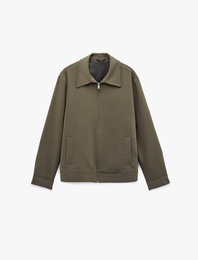 Viskon Karışımlı Cepli Uzun Kollu Gömlek Yaka Fermuarlı Kaşe Ceket