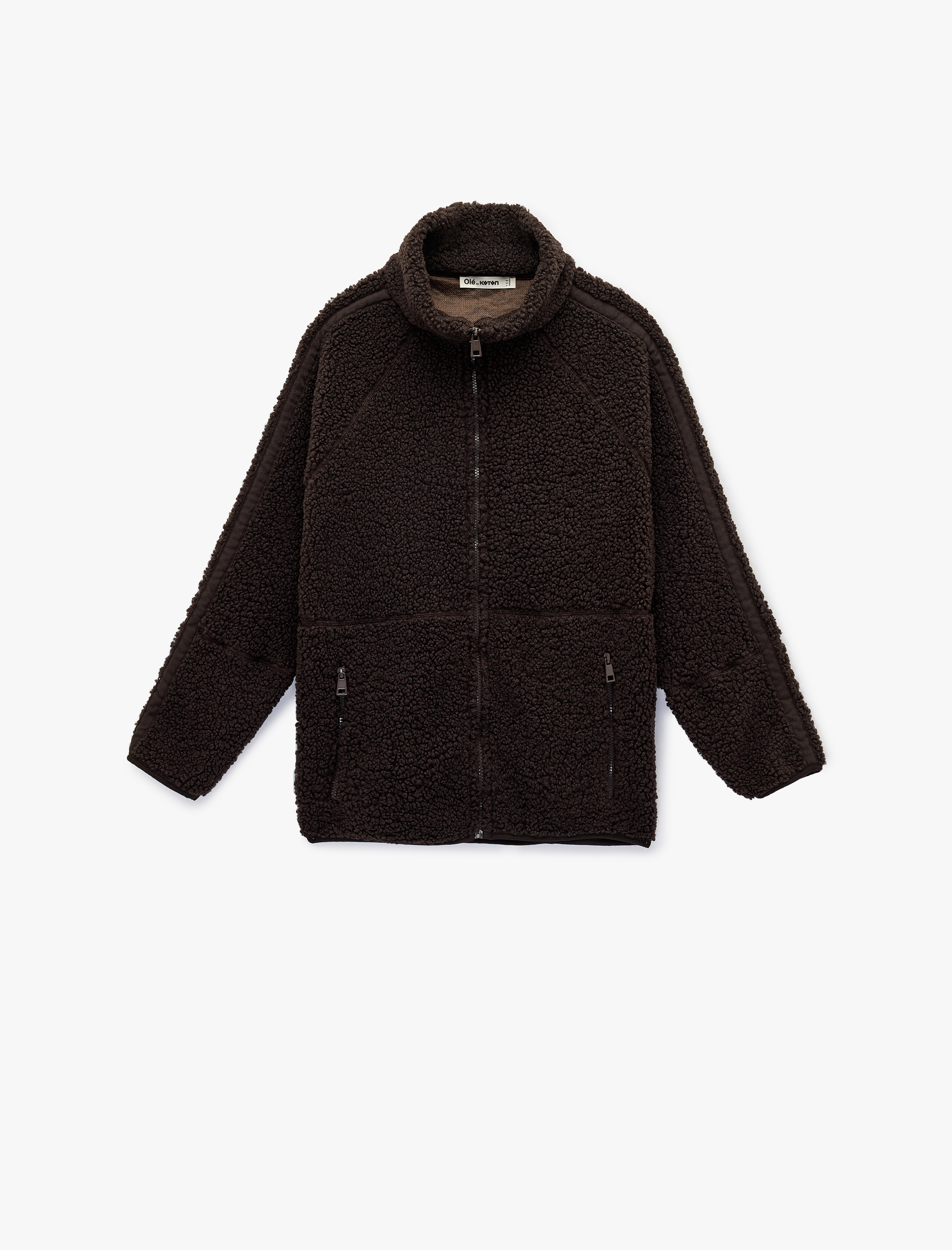   Uzun Kollu Dik Yaka Cep Detaylı Fermuarlı Oversize Peluş Ceket