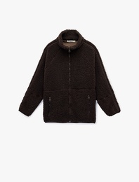 Uzun Kollu Dik Yaka Cep Detaylı Fermuarlı Oversize Peluş Ceket