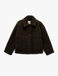 Düğmeli Uzun Kollu Cep Detaylı Klasik Yaka Peluş Ceket