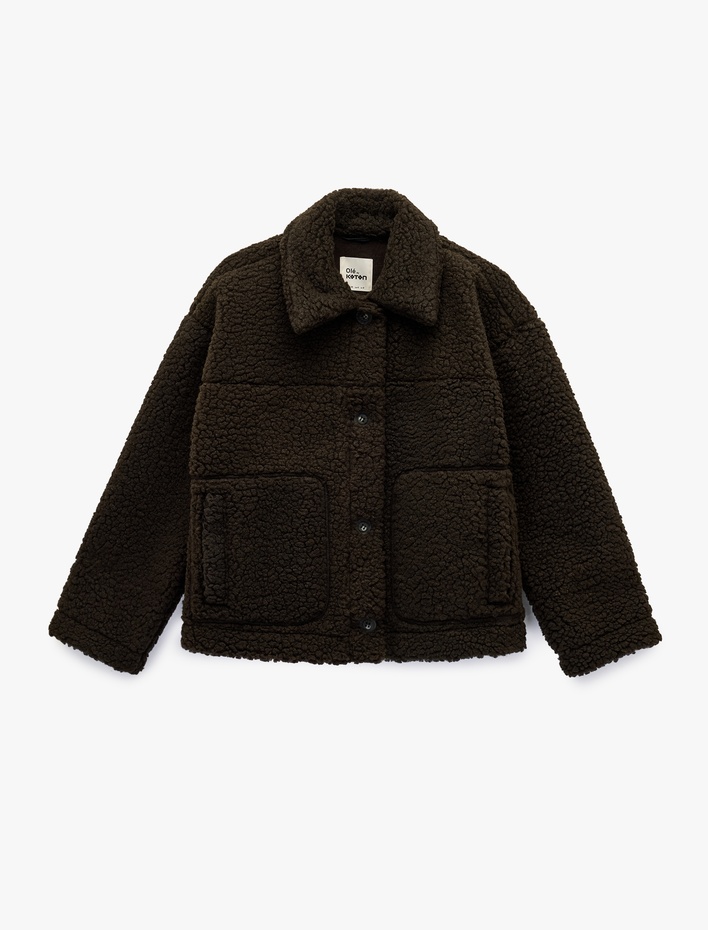  Düğmeli Uzun Kollu Cep Detaylı Klasik Yaka Peluş Ceket