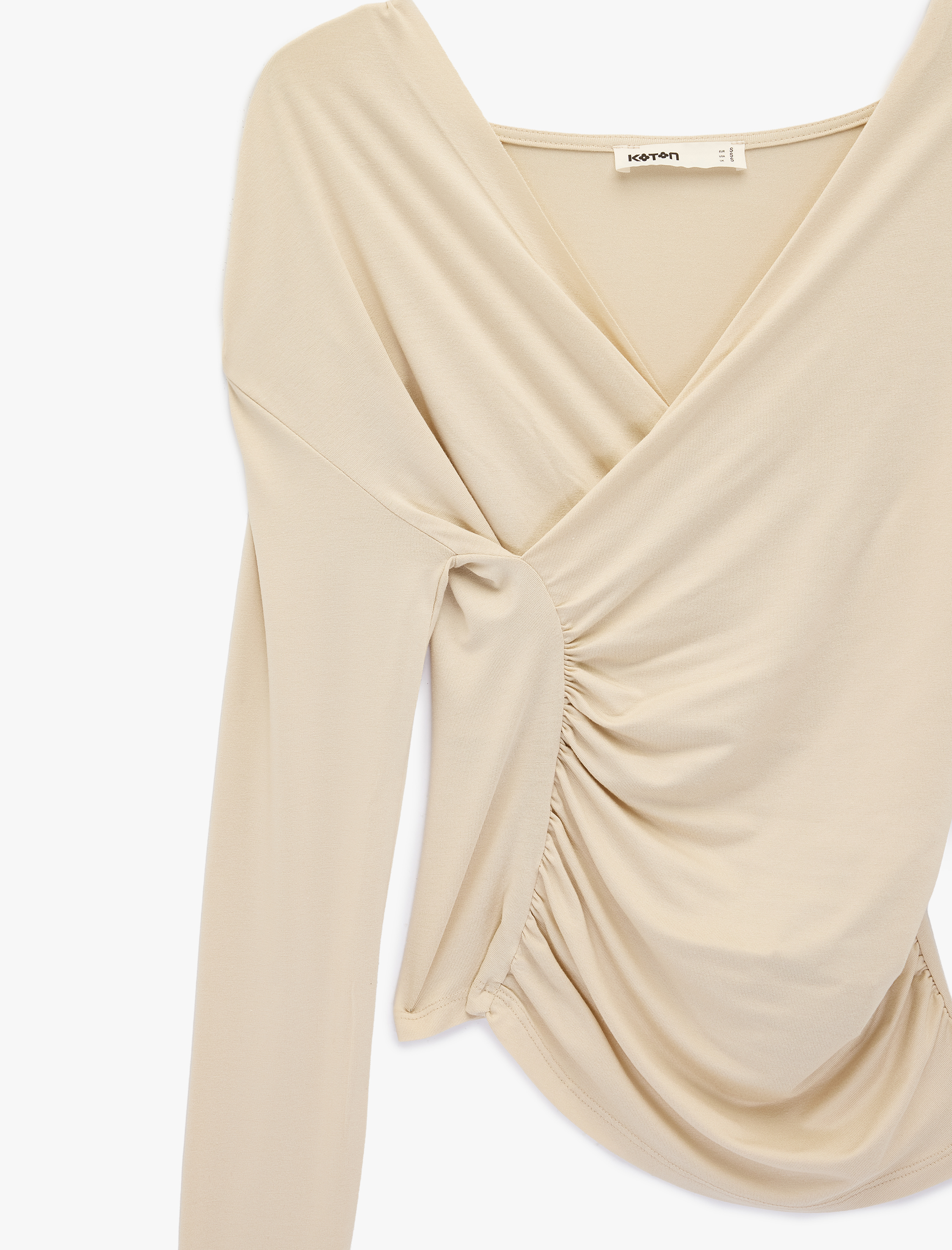   Viskon Kumaş Slim Fit Uzun Kollu Büzgülü Kruvaze V Yaka Bluz