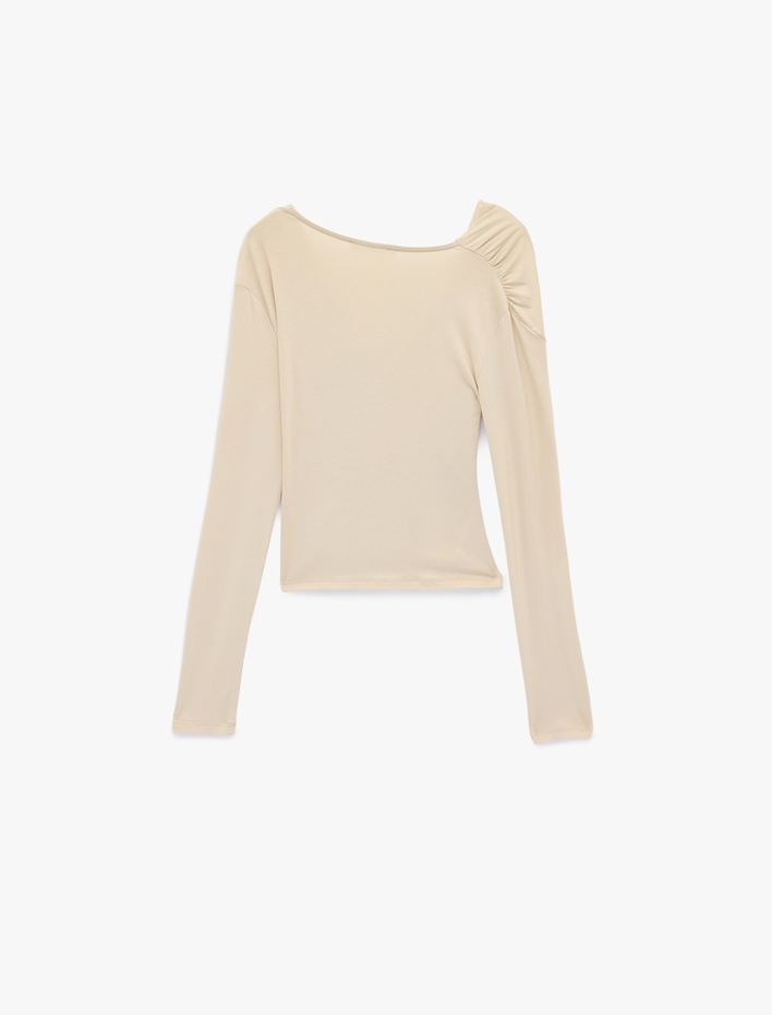  Viskon Kumaş Slim Fit Uzun Kollu Büzgülü Kruvaze V Yaka Bluz