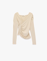 Viskon Kumaş Slim Fit Uzun Kollu Büzgülü Kruvaze V Yaka Bluz