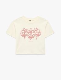 Pamuklu Kısa Kollu Bisiklet Yaka Çiçekli Tişört