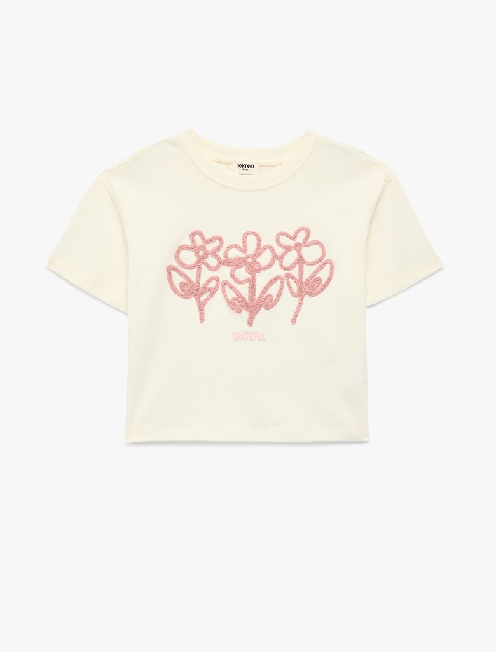 Kız Çocuk Pamuklu Kısa Kollu Bisiklet Yaka Çiçekli Tişört