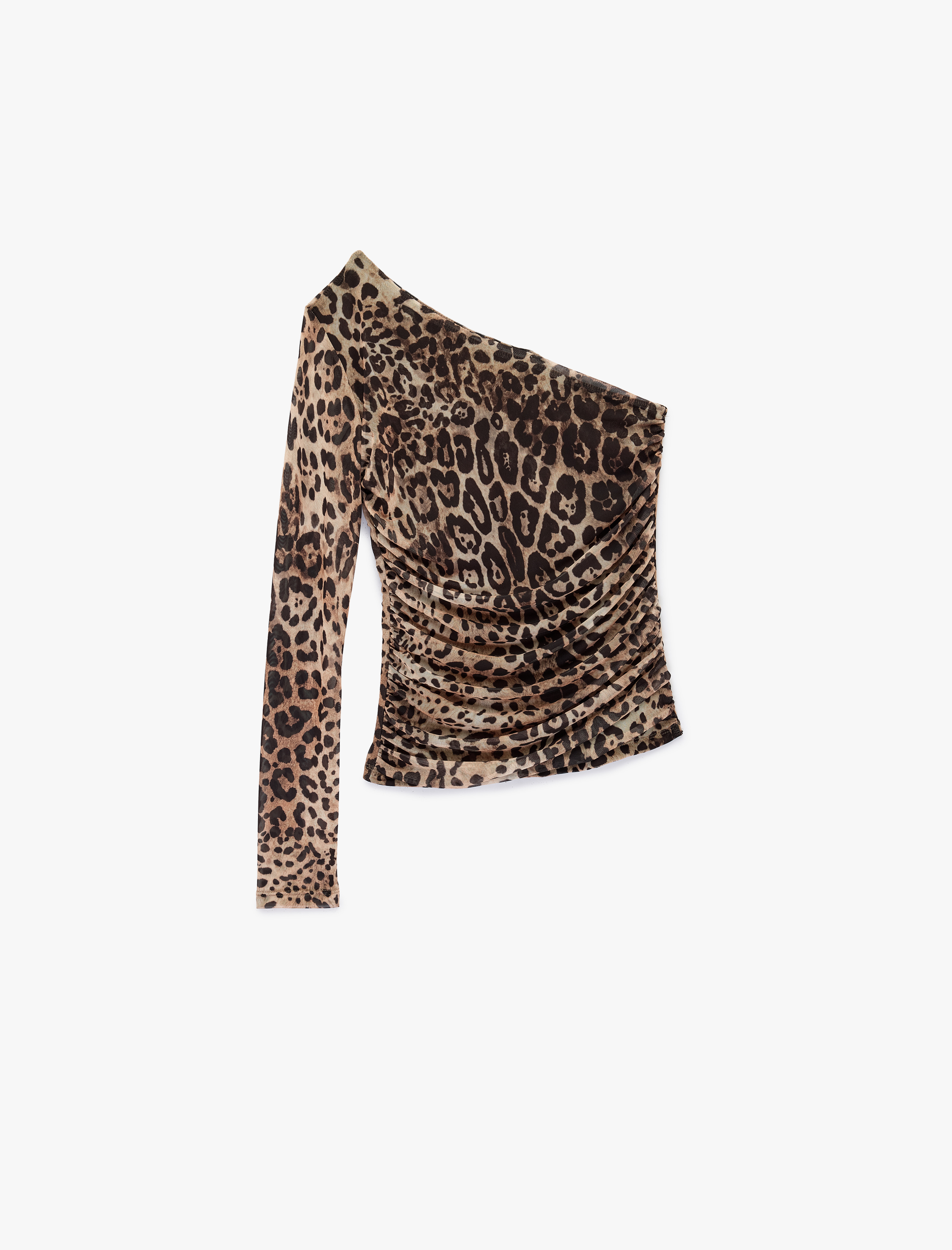   Uzun Kollu Leopar Desenli Tül Tek Omuz Tişört