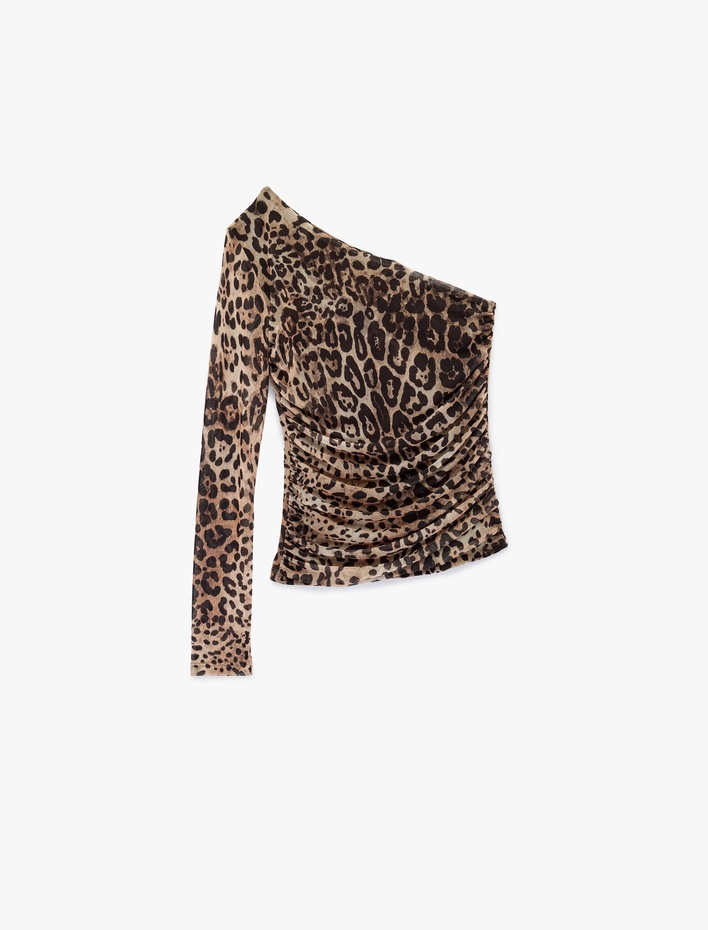  Uzun Kollu Leopar Desenli Tül Tek Omuz Tişört