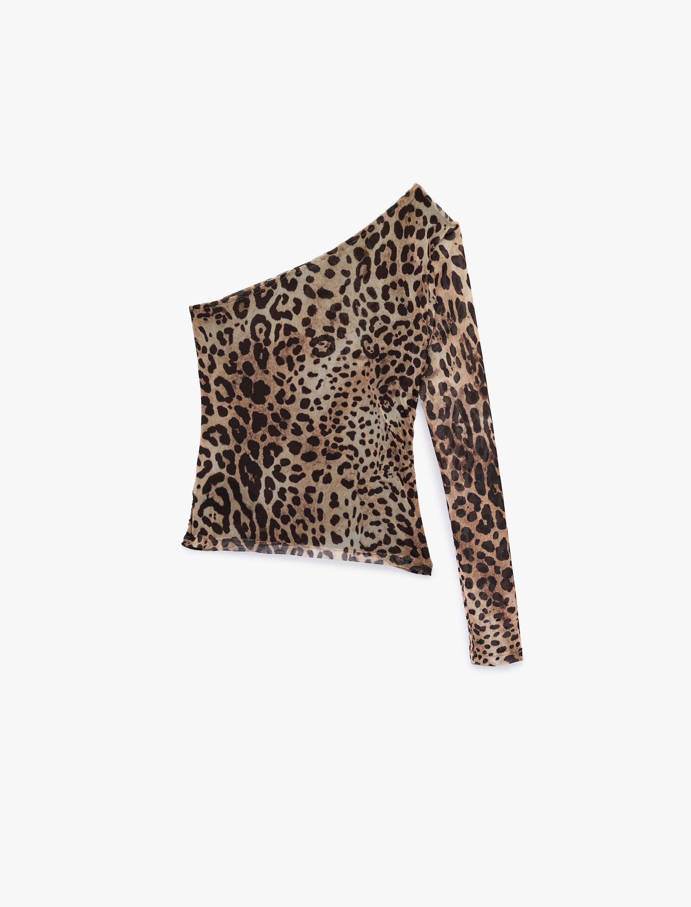   Uzun Kollu Leopar Desenli Tül Tek Omuz Tişört