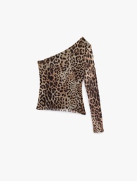 Uzun Kollu Leopar Desenli Tül Tek Omuz Tişört