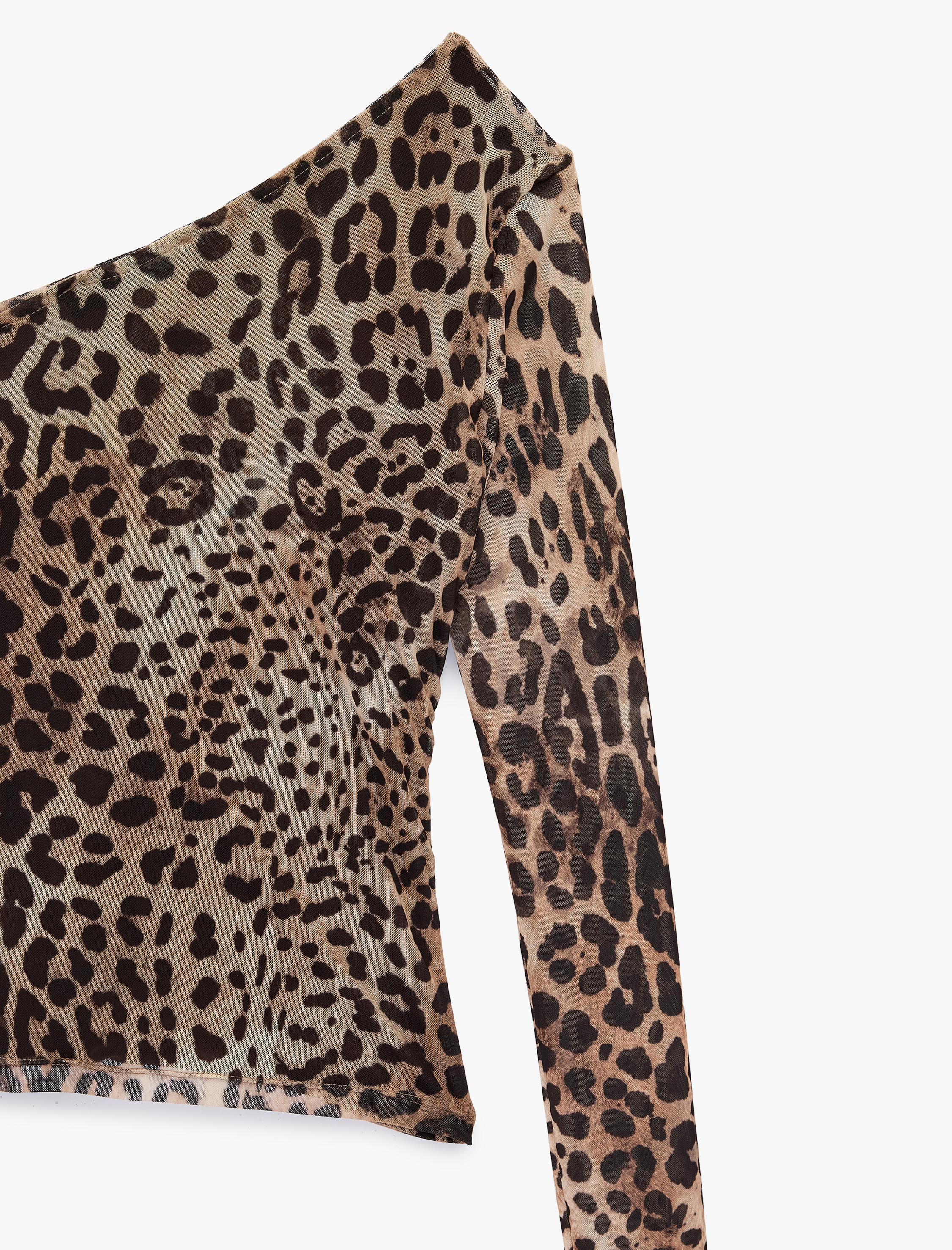   Uzun Kollu Leopar Desenli Tül Tek Omuz Tişört