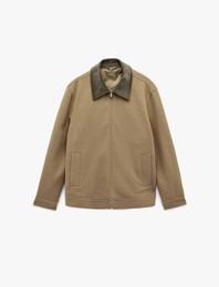 Regular Fit Uzun Kollu Cepli Fitilli Yaka Detaylı Fermuarlı Kaşe Ceket