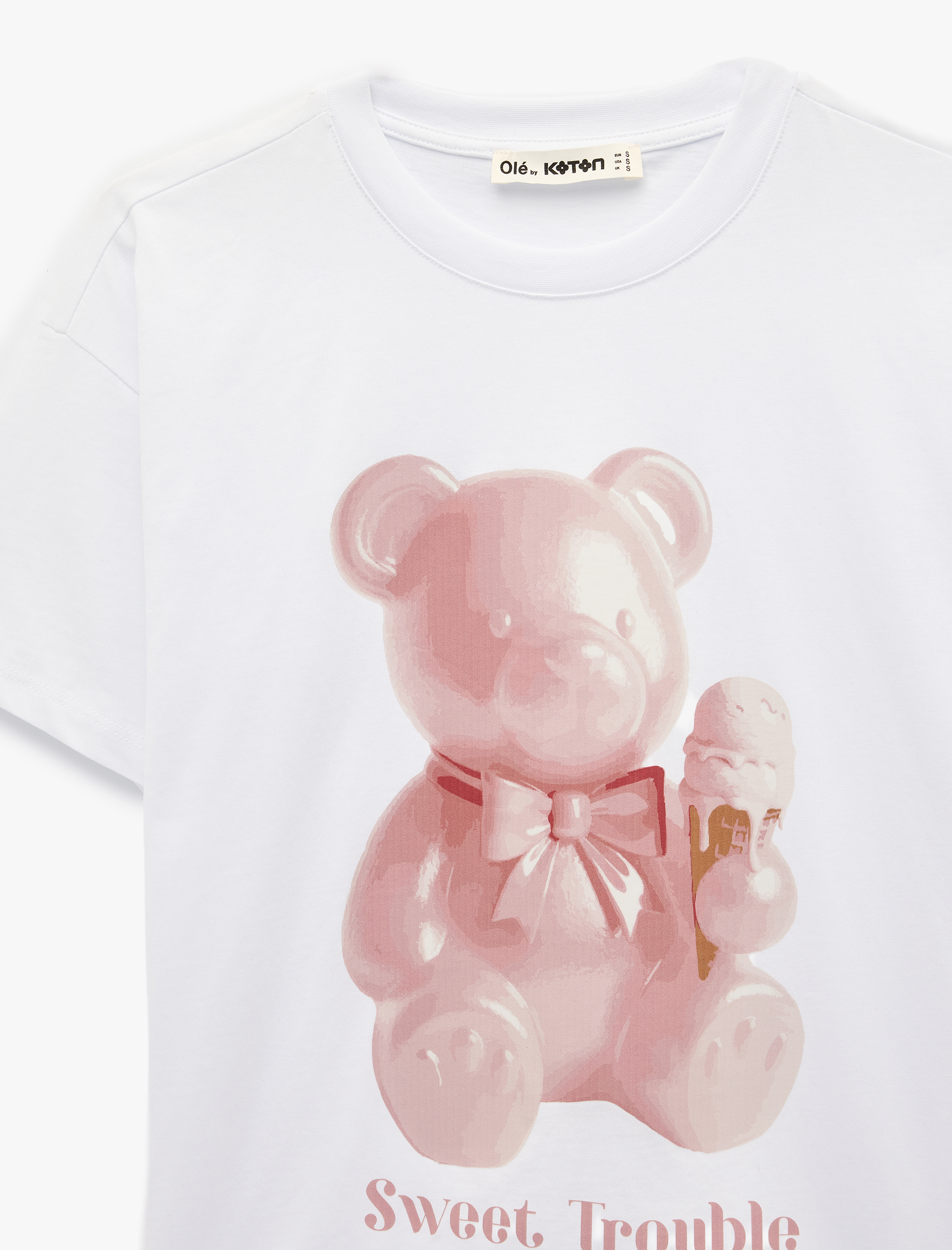   Kısa Kollu Bisiklet Yaka Ayıcık Baskılı Oversize Tişört