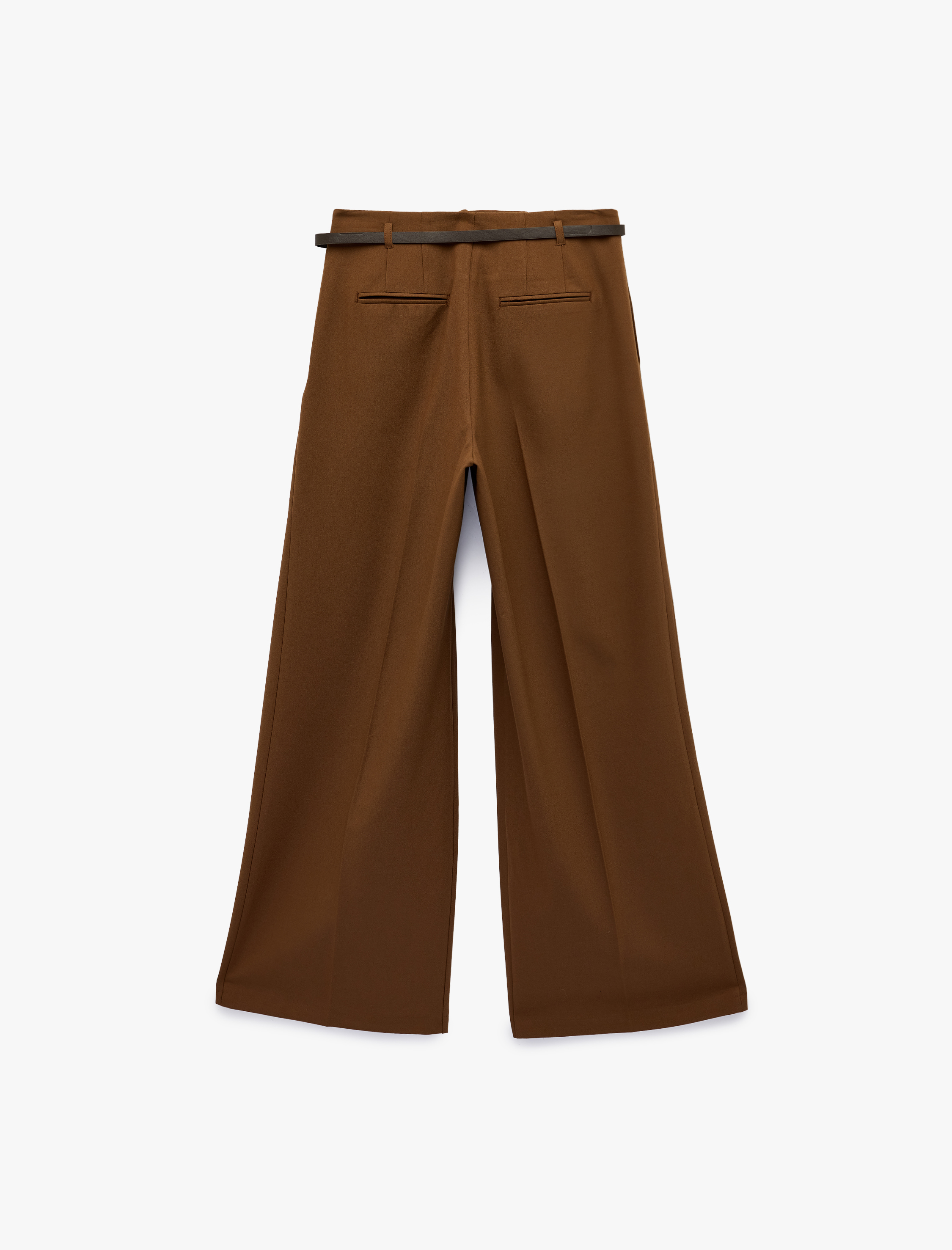   Pile Detaylı Cepli Geniş Paça Kemerli Palazzo Pantolon