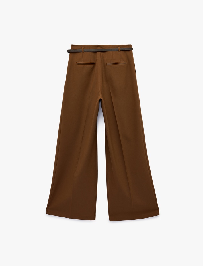  Pile Detaylı Cepli Geniş Paça Kemerli Palazzo Pantolon