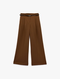 Pile Detaylı Cepli Geniş Paça Kemerli Palazzo Pantolon