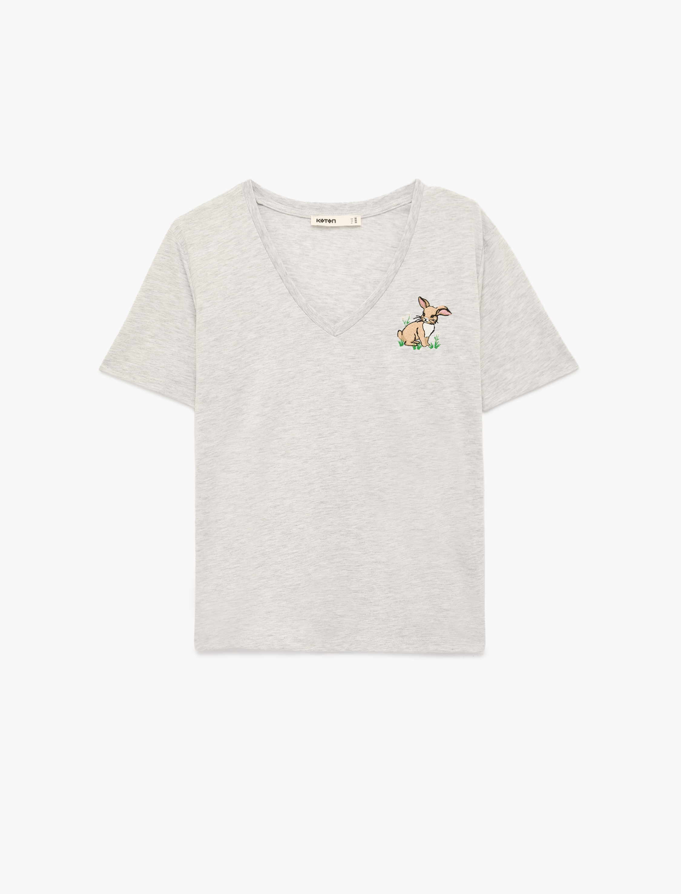   Regular Fit Tavşan Nakış Detaylı Kısa Kollu V Yaka Tişört