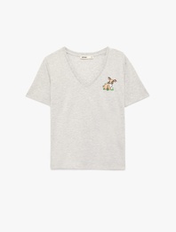 Regular Fit Tavşan Nakış Detaylı Kısa Kollu V Yaka Tişört