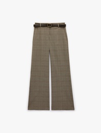 Kemerli Geniş Paça Cepli Kumaş Ekose Pantolon