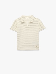 Etiket Detaylı Kısa Kollu Polo V Yaka Çizgili Tişört