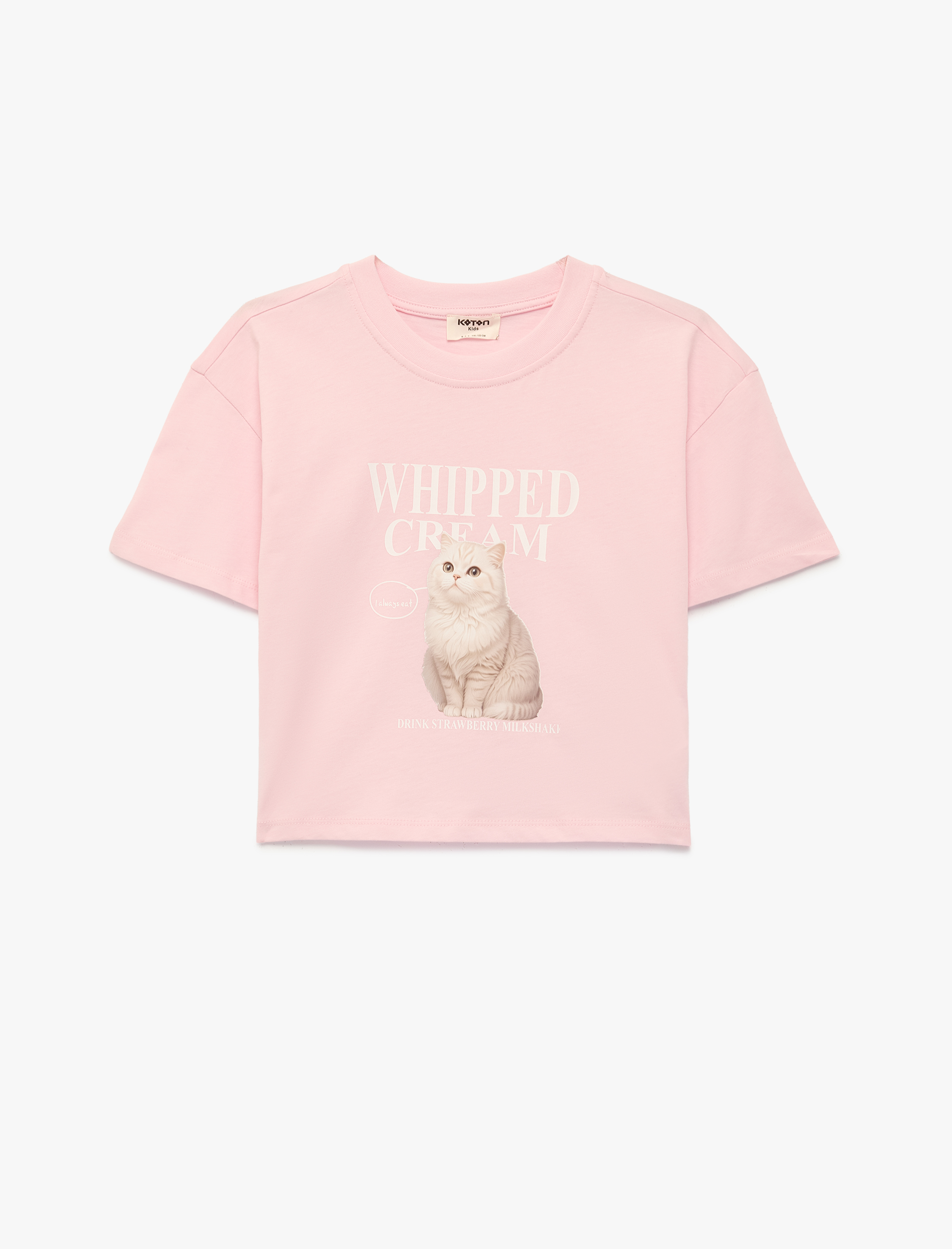  Kız Çocuk Bisiklet Yaka Kısa Kollu Pamuklu Kedi Baskılı Tişört