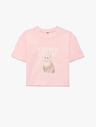 Bisiklet Yaka Kısa Kollu Pamuklu Kedi Baskılı Tişört