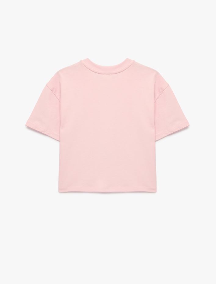 Kız Çocuk Bisiklet Yaka Kısa Kollu Pamuklu Kedi Baskılı Tişört