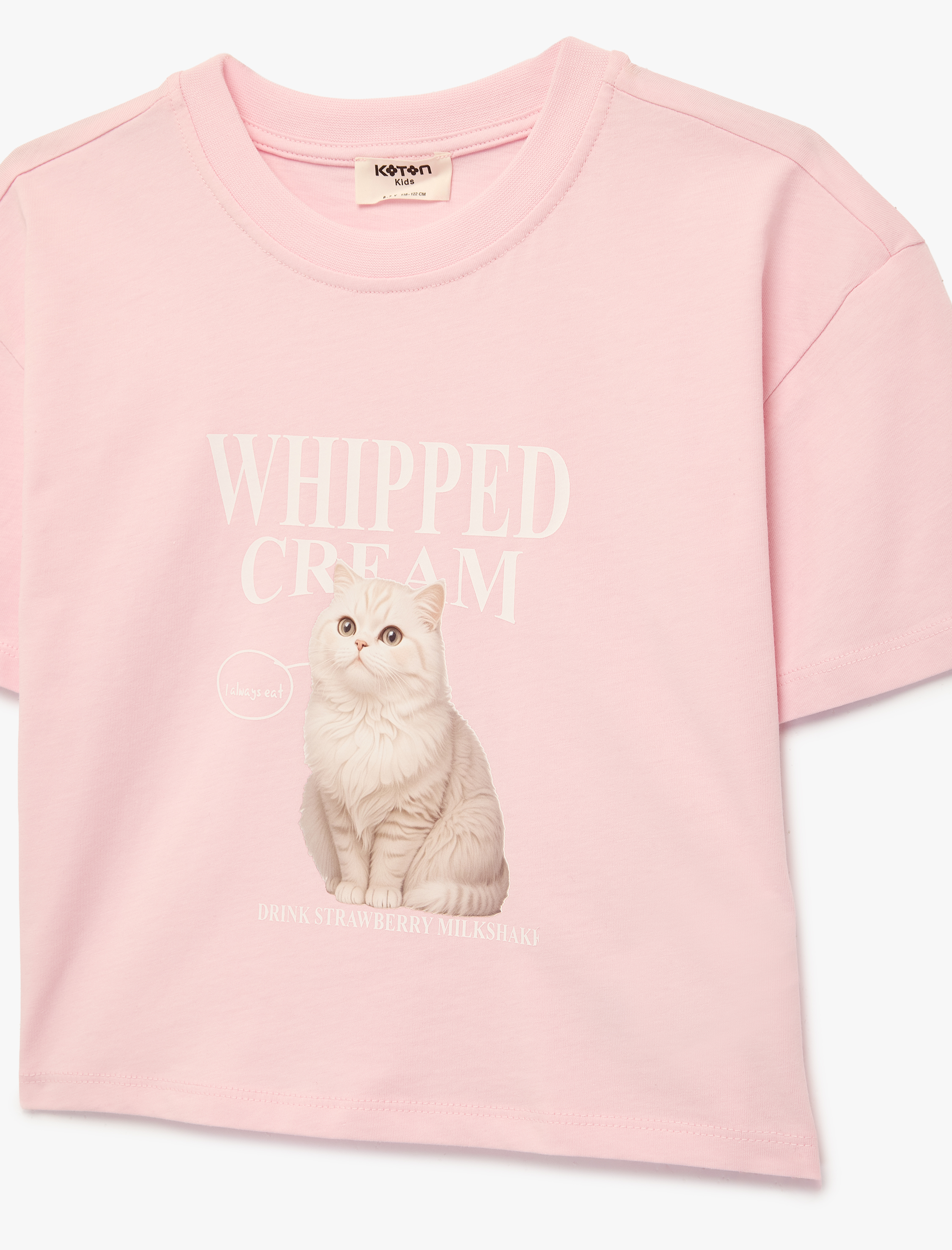  Kız Çocuk Bisiklet Yaka Kısa Kollu Pamuklu Kedi Baskılı Tişört