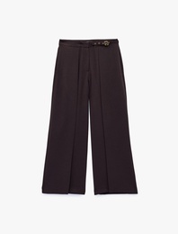 Krep Kumaş Kemerli Uzun Geniş Düz Paça Kapaklı Kumaş Pantolon