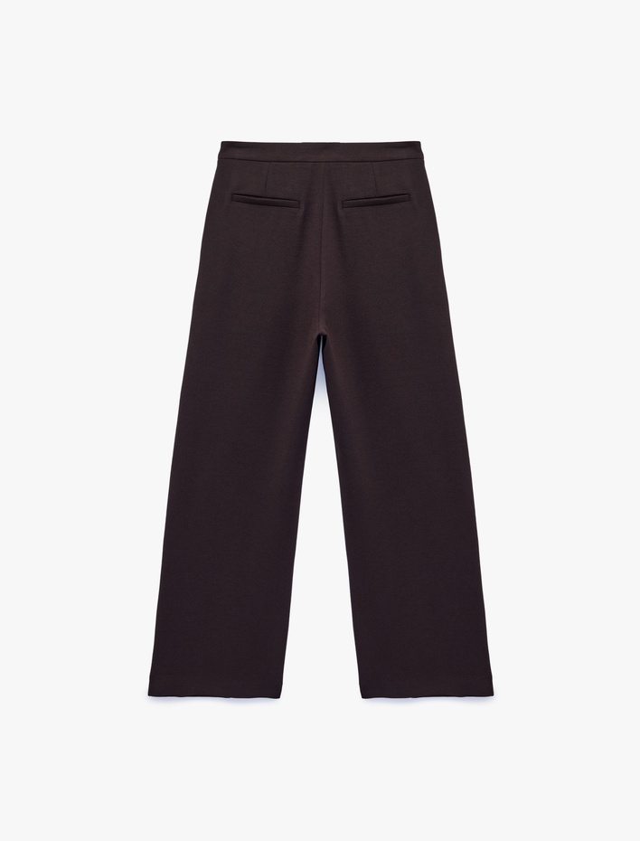  Krep Kumaş Kemerli Uzun Geniş Düz Paça Kapaklı Kumaş Pantolon