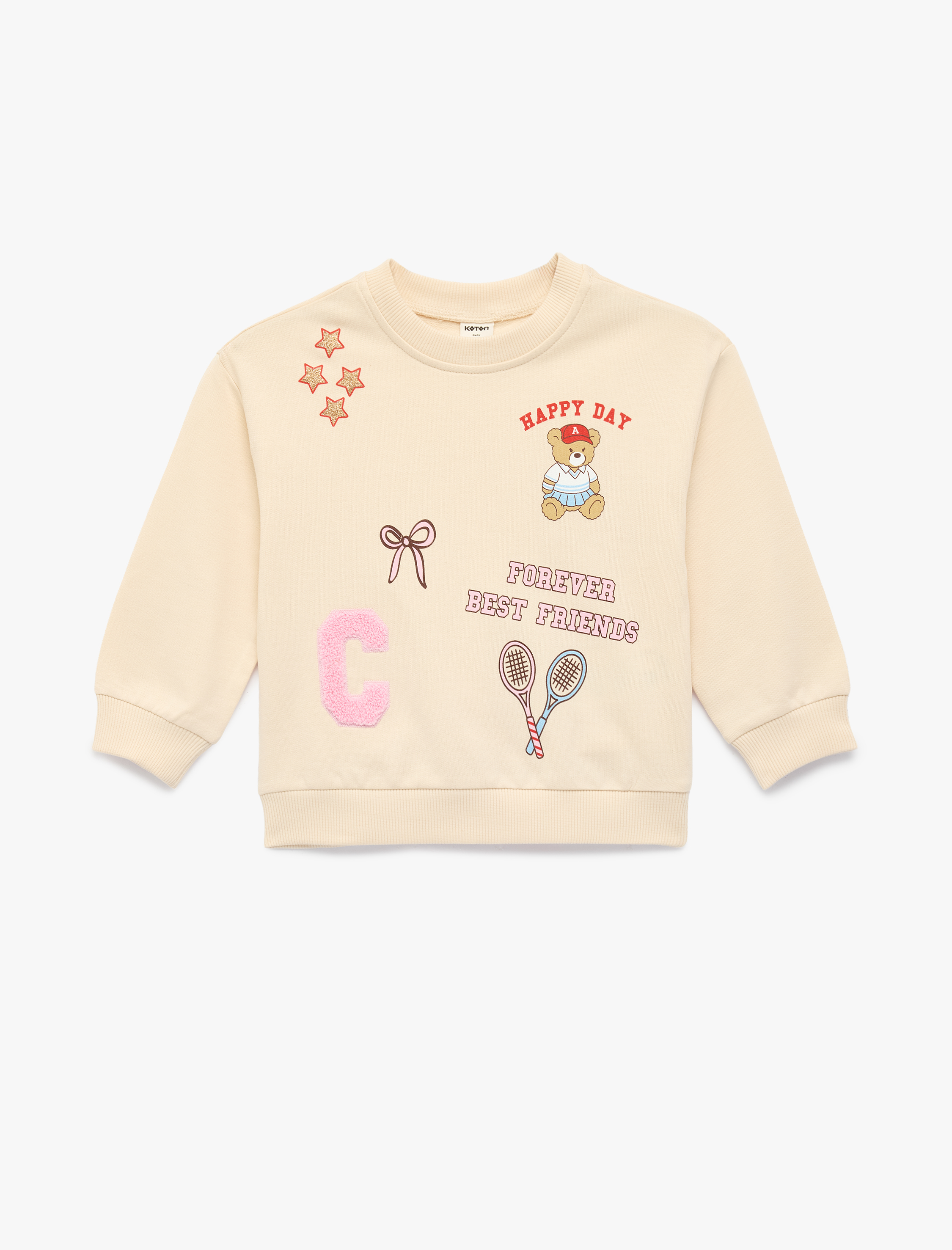  Kız Bebek Uzun Kollu Pamuklu Şardonlu Bisiklet Yaka Baskılı Sweatshirt