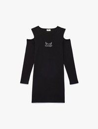 Pencere Detaylı Uzun Kollu Bisiklet Yaka Taşlı Midi Elbise