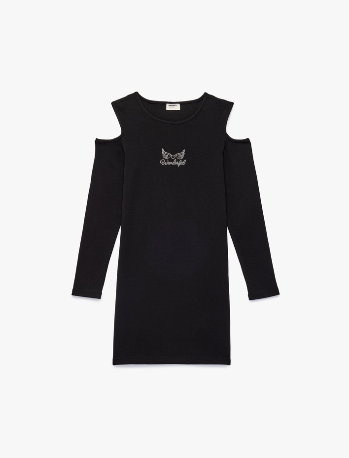 Kız Çocuk Pencere Detaylı Uzun Kollu Bisiklet Yaka Taşlı Midi Elbise