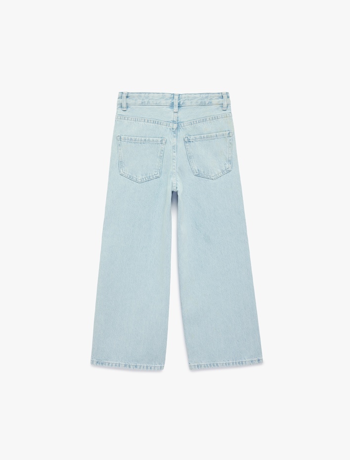 Kız Çocuk Pamuklu Kalpli Taş Detaylı Geniş Paça Denim Pantolon