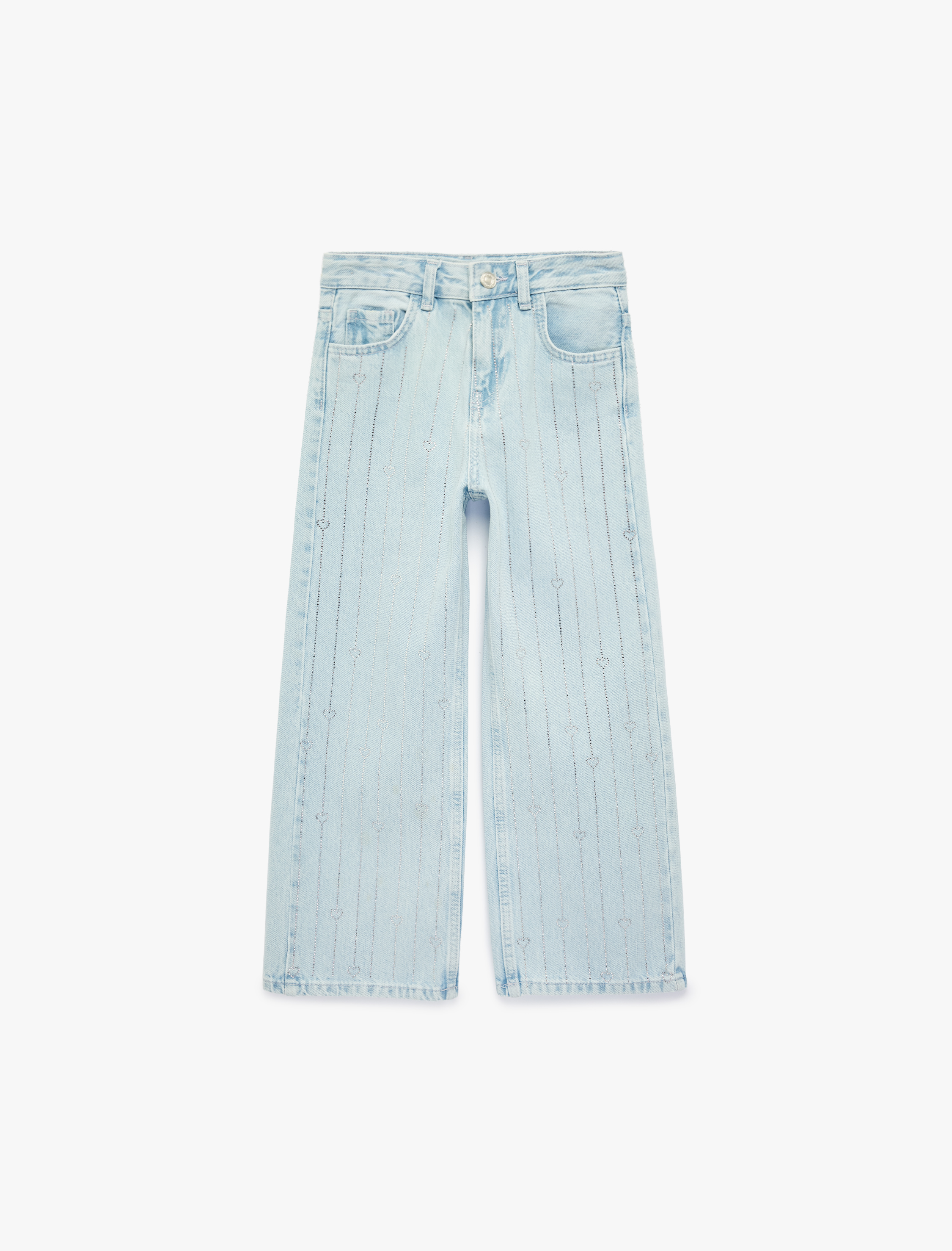  Kız Çocuk Pamuklu Kalpli Taş Detaylı Geniş Paça Denim Pantolon