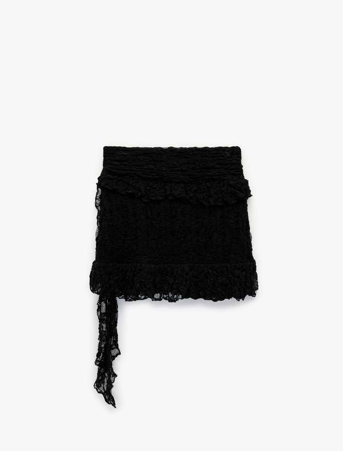  Slim Fit Bağlama Detaylı Mini Dantel Etek