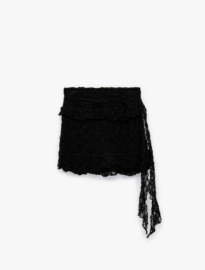  Slim Fit Bağlama Detaylı Mini Dantel Etek