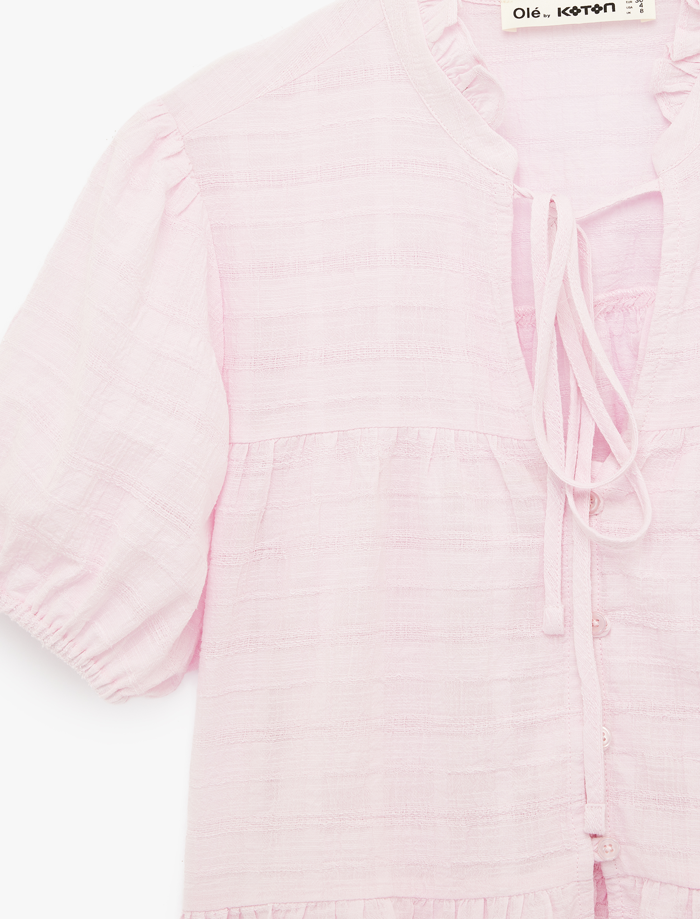   Pamuklu Düğmeli Bağlamalı Yaka Kısa Balon Kol Bluz