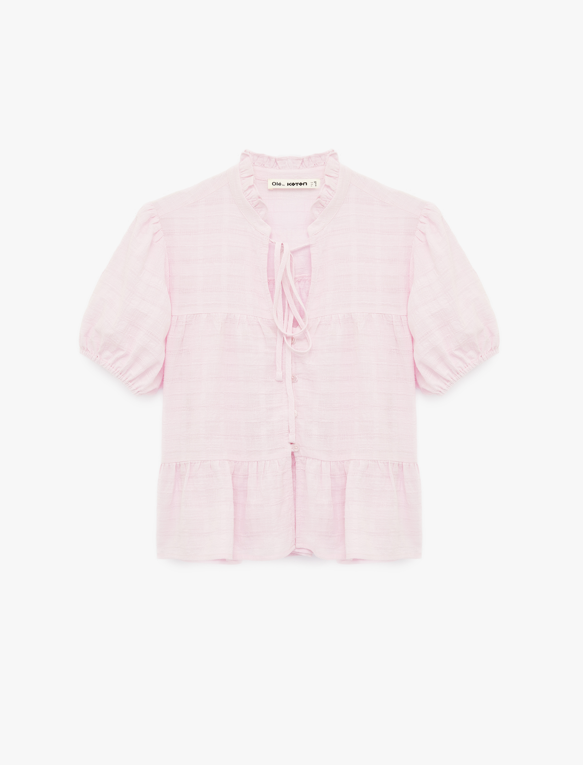   Pamuklu Düğmeli Bağlamalı Yaka Kısa Balon Kol Bluz