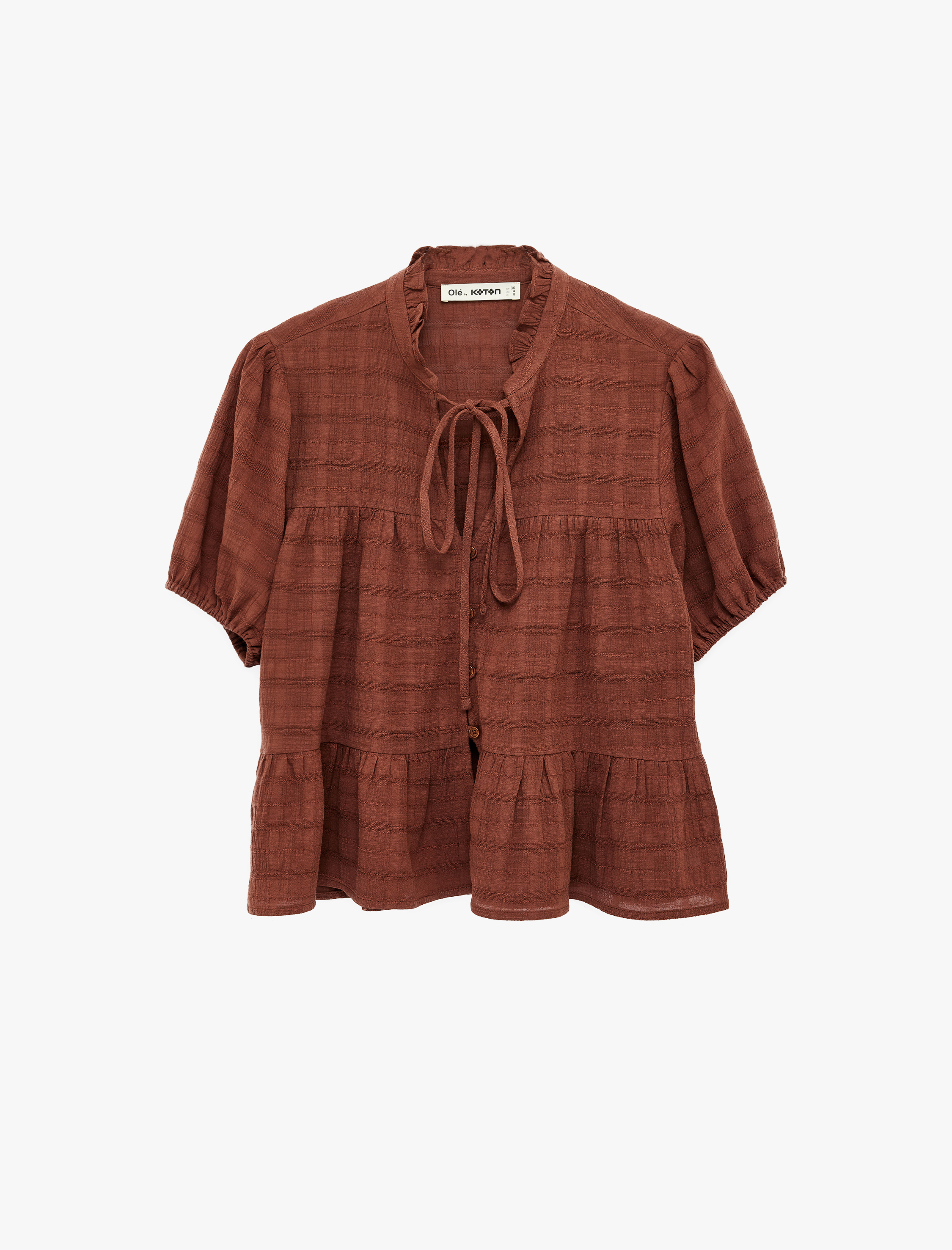   Pamuklu Düğmeli Bağlamalı Yaka Kısa Balon Kol Bluz