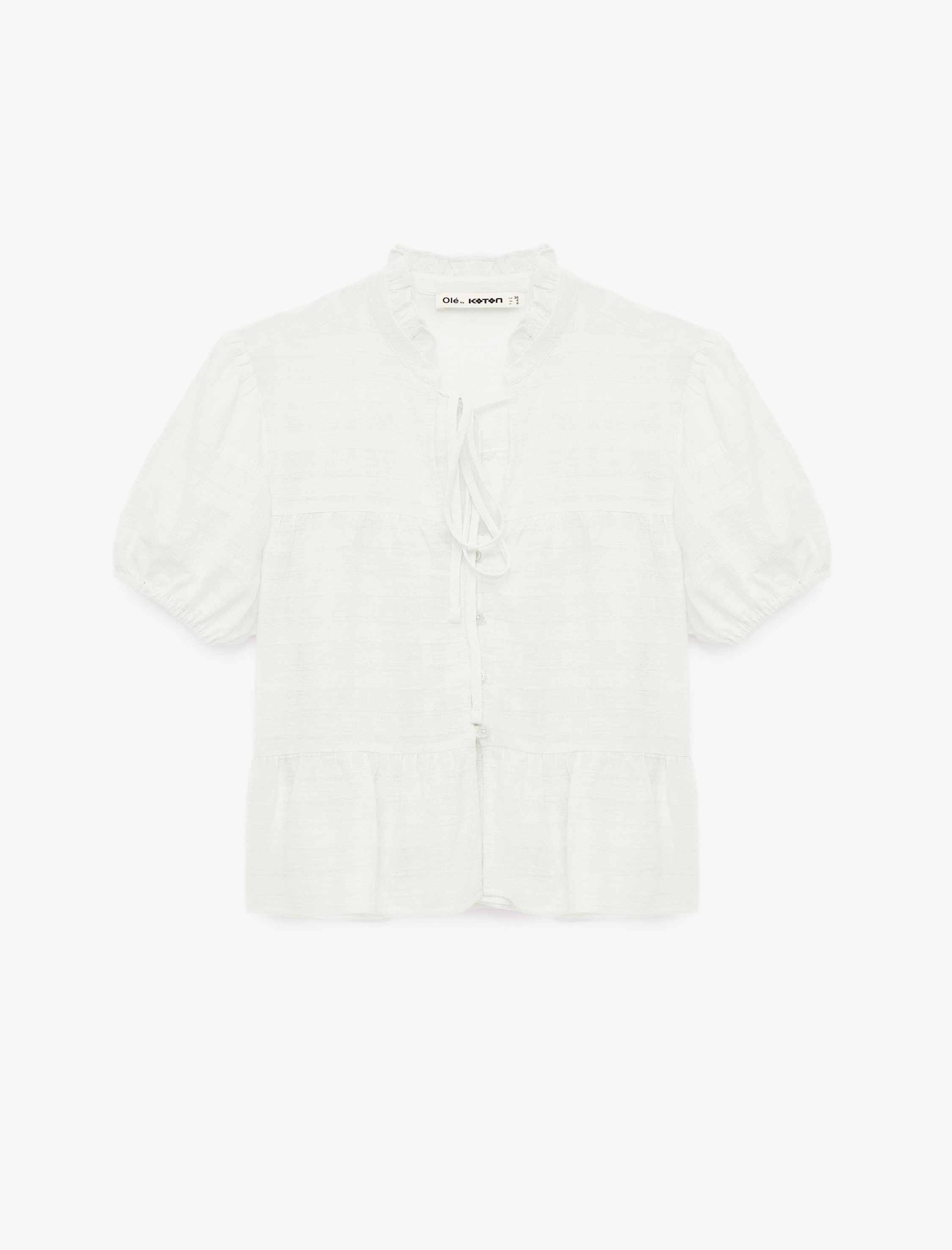   Pamuklu Düğmeli Bağlamalı Yaka Kısa Balon Kol Bluz