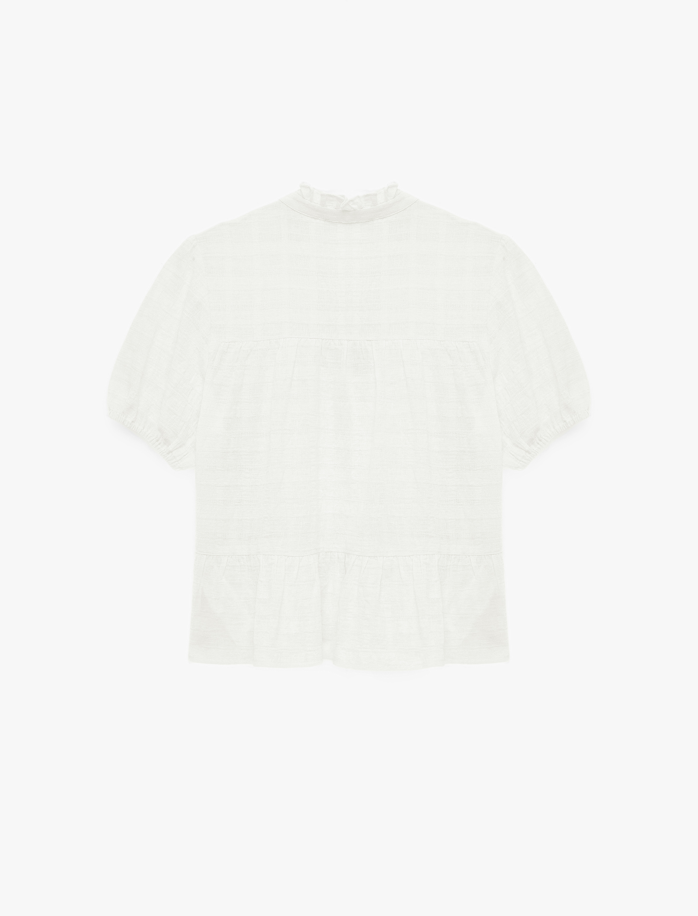   Pamuklu Düğmeli Bağlamalı Yaka Kısa Balon Kol Bluz